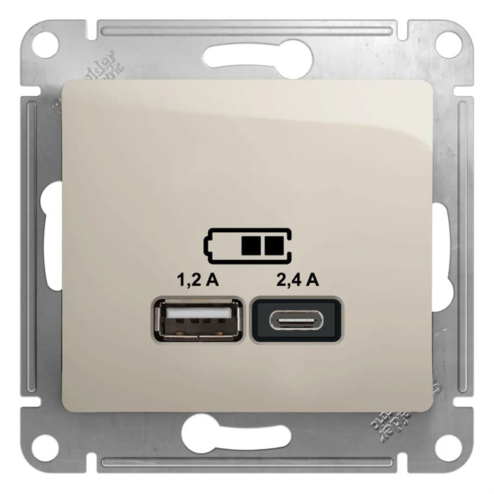 GLOSSA USB РОЗЕТКА А+С, 5В/2,4А, 2х5В/1,2А, механизм, МОЛОЧНЫЙ GSL000939 - фото 10320