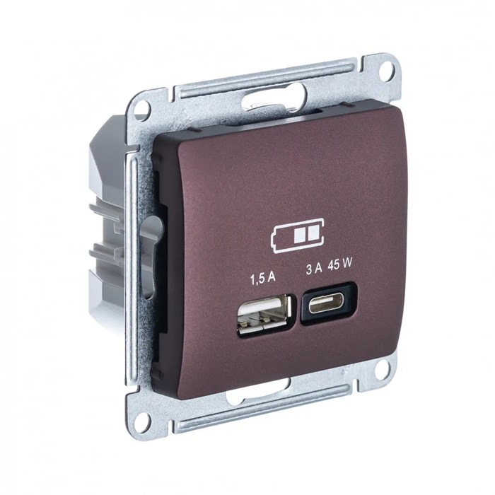 GLOSSA USB РОЗЕТКА А + тип-С 45Вт высокоскор.заряд. QC,PD, мех., БАКЛАЖАНОВЫЙ GSL001129 - фото 10493