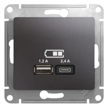 GLOSSA USB РОЗЕТКА А+С, 5В/2,4А, 2х5В/1,2А, механизм, ГРАФИТ GSL001339 - фото 10930