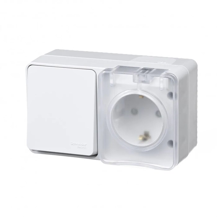 ATLASDESIGN PROFI IP54 О/У БЛОК: РОЗЕТКА с заземл. со шт., 16А, ВЫКЛЮЧАТЕЛЬ 1-клав., 10АХ, БЕЛЫЙ ATN540170 - фото 11902