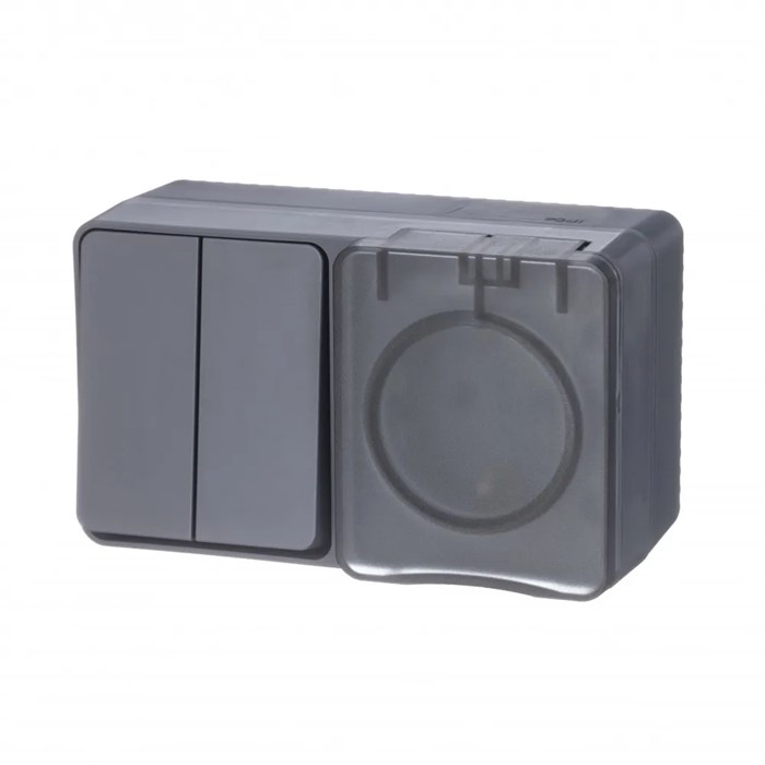 ATLASDESIGN PROFI IP54 О/У БЛОК: РОЗЕТКА с заземл. со шт., 16А, ВЫКЛЮЧАТЕЛЬ 2-клав., 10АХ, АНТРАЦИТ ATN544074 - фото 12012