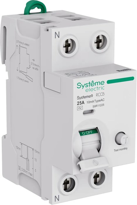 Systeme9 Выключатель дифференциального тока (ВДТ) 25A 2P 10мА Тип-AC 230В S9R11225 - фото 17443