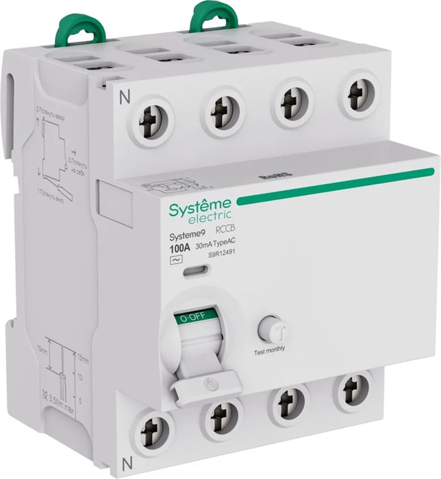 Systeme9 Выключатель дифференциального тока (ВДТ) 100A 4P 30мА Тип-AC 400В S9R12491 - фото 17459