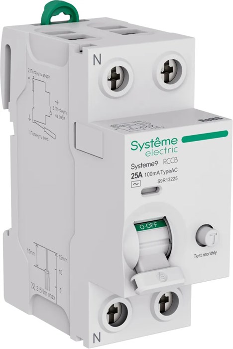 Systeme9 Выключатель дифференциального тока (ВДТ) 25A 2P 100мА Тип-AC 230В S9R13225 - фото 17461