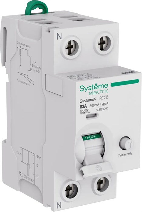 Systeme9 Выключатель дифференциального тока (ВДТ) 63A 2P 300мА Тип-A-S 230В S9R29263 - фото 17566