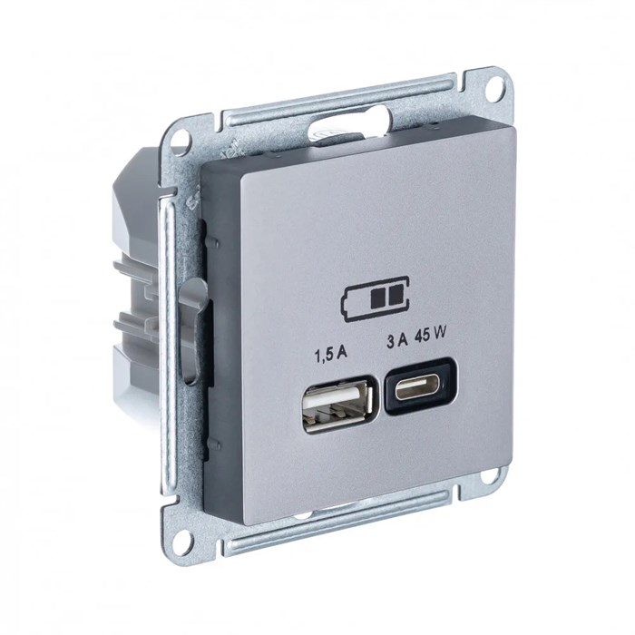 ATLASDESIGN USB РОЗЕТКА A + тип-C 45Вт высокоскор.заряд. QC, PD, механизм, СТАЛЬ ATN000929 - фото 2769