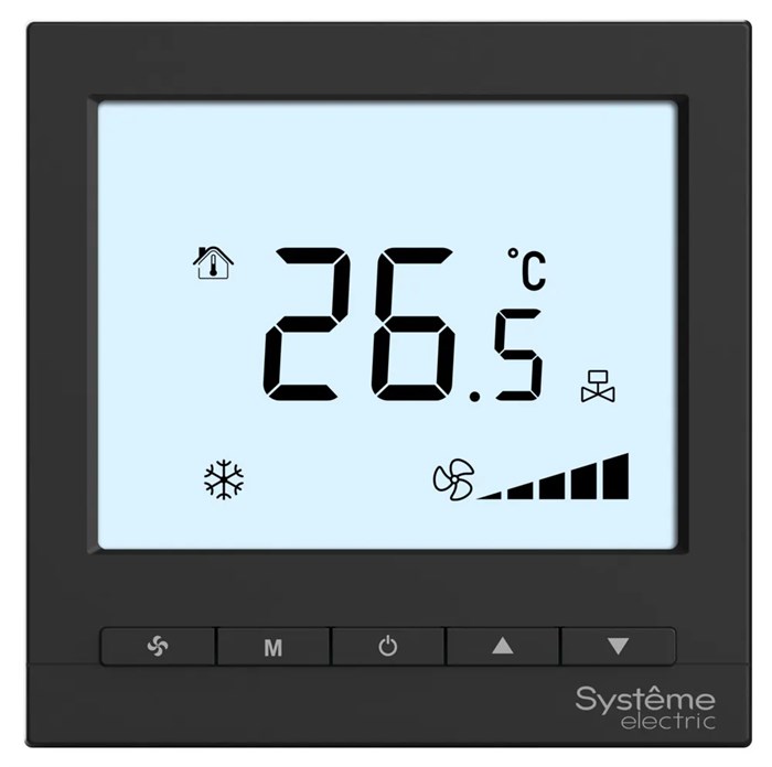 Термостат комнатный цифровой, О/Н/В/А для 4тр 3ск FCU и 2-поз.клап, 1UI 5DO Modbus ~230В чер BS RTF4IMLB - фото 28210