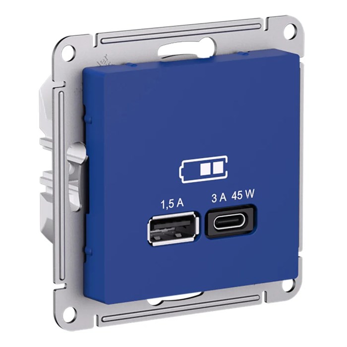 ATLASDESIGN USB РОЗЕТКА A + тип-C 45Вт высокоскор.заряд. QC, PD, механизм, АКВАМАРИН ATN001129 - фото 3438