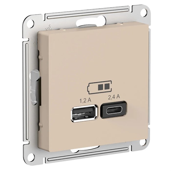 ATLASDESIGN USB РОЗЕТКА А+С, 5В/2,4А, 2х5В/1,2А, механизм, ПЕСОЧНЫЙ ATN001239 - фото 3792