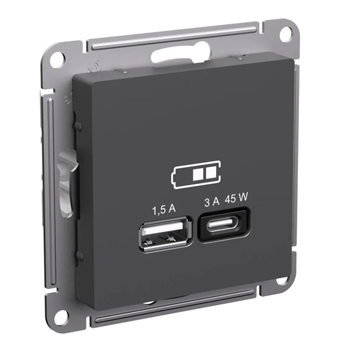 ATLASDESIGN USB РОЗЕТКА A + тип-C 45Вт высокоскор.заряд. QC, PD, механизм, БАЗАЛЬТ ATN001429 - фото 4300