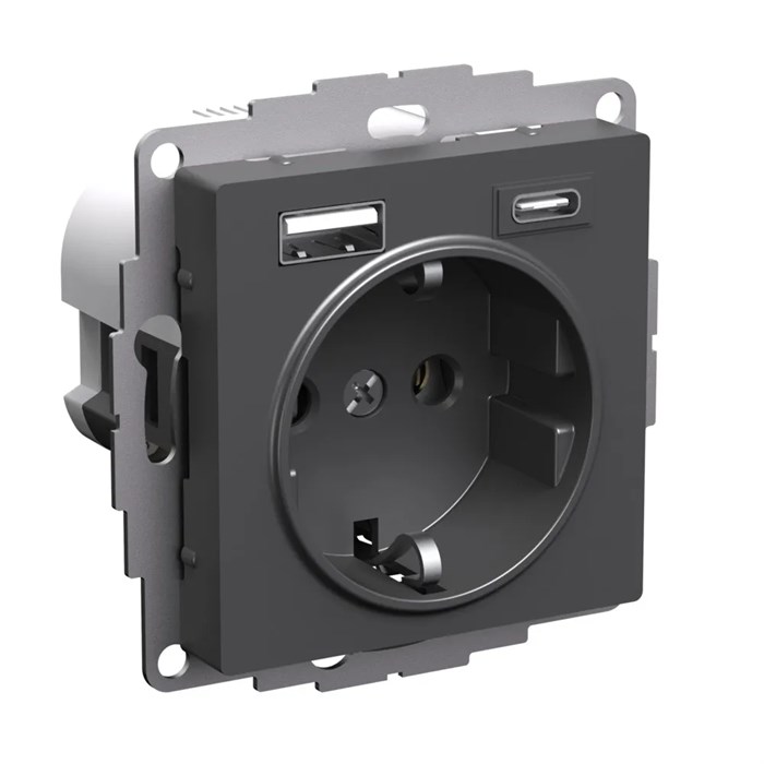 ATLASDESIGN РОЗЕТКА 16А с 2 USB A+C, 5В/2,4А/3,0А, 2х5В/1,5А, механизм, БАЗАЛЬТ ATN001432 - фото 4314
