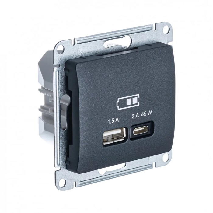 GLOSSA USB РОЗЕТКА A + тип-C 45Вт высокоскор.заряд. QC, PD, механизм, АНТРАЦИТ GSL000729 - фото 9923