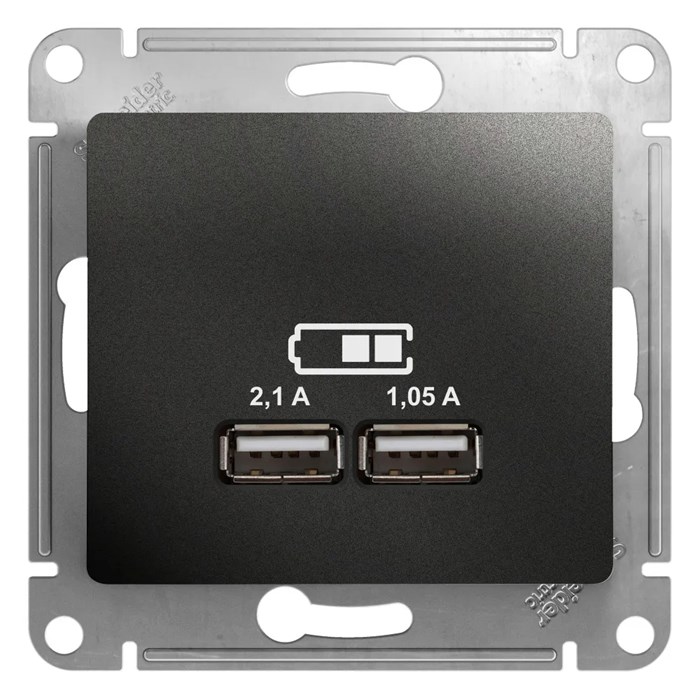 GLOSSA USB РОЗЕТКА А+А, 5В/2,1А, 2х5В/1,05А, механизм, АНТРАЦИТ GSL000733 - фото 9935