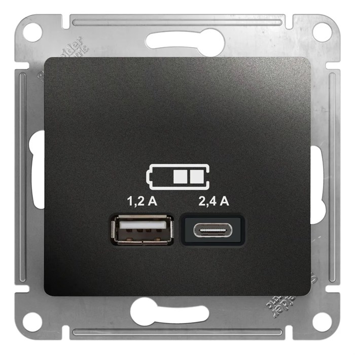 GLOSSA USB РОЗЕТКА А+С, 5В/2,4А, 2х5В/1,2А, механизм, АНТРАЦИТ GSL000739 - фото 9943