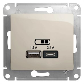 GLOSSA USB РОЗЕТКА А+С, 5В/2,4А, 2х5В/1,2А, механизм, МОЛОЧНЫЙ GSL000939