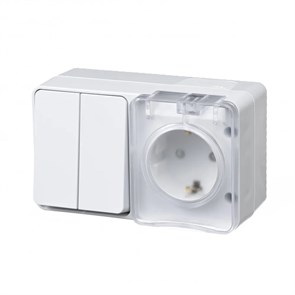 ATLASDESIGN PROFI IP54 О/У БЛОК: РОЗЕТКА с заземл. со шт., 16А, ВЫКЛЮЧАТЕЛЬ 2-клав., 10АХ, БЕЛЫЙ ATN540174