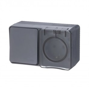 ATLASDESIGN PROFI IP54 О/У БЛОК: РОЗЕТКА с заземл. со шт., 16А, ВЫКЛЮЧАТЕЛЬ 1-клав., 10АХ, АНТРАЦИТ ATN544070
