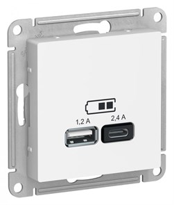 ATLASDESIGN USB РОЗЕТКА А+С, 5В/2,4А, 2х5В/1,2А, механизм, БЕЛЫЙ ATN000139
