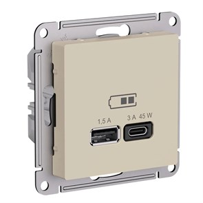 ATLASDESIGN USB РОЗЕТКА A + тип-C 45Вт высокоскор.заряд. QC, PD, механизм, ПЕСОЧНЫЙ ATN001229